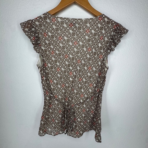 Ann Taylor Womens Y2K Babydoll Blouse Top Size 4 Petite Brown Geometric Zip Vtg - Picture 7 of 8